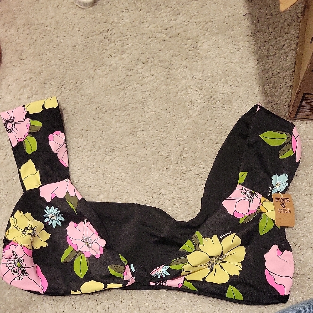 PINK Victoria's Secret Floral Swim Top - Black, Pink, Yellow